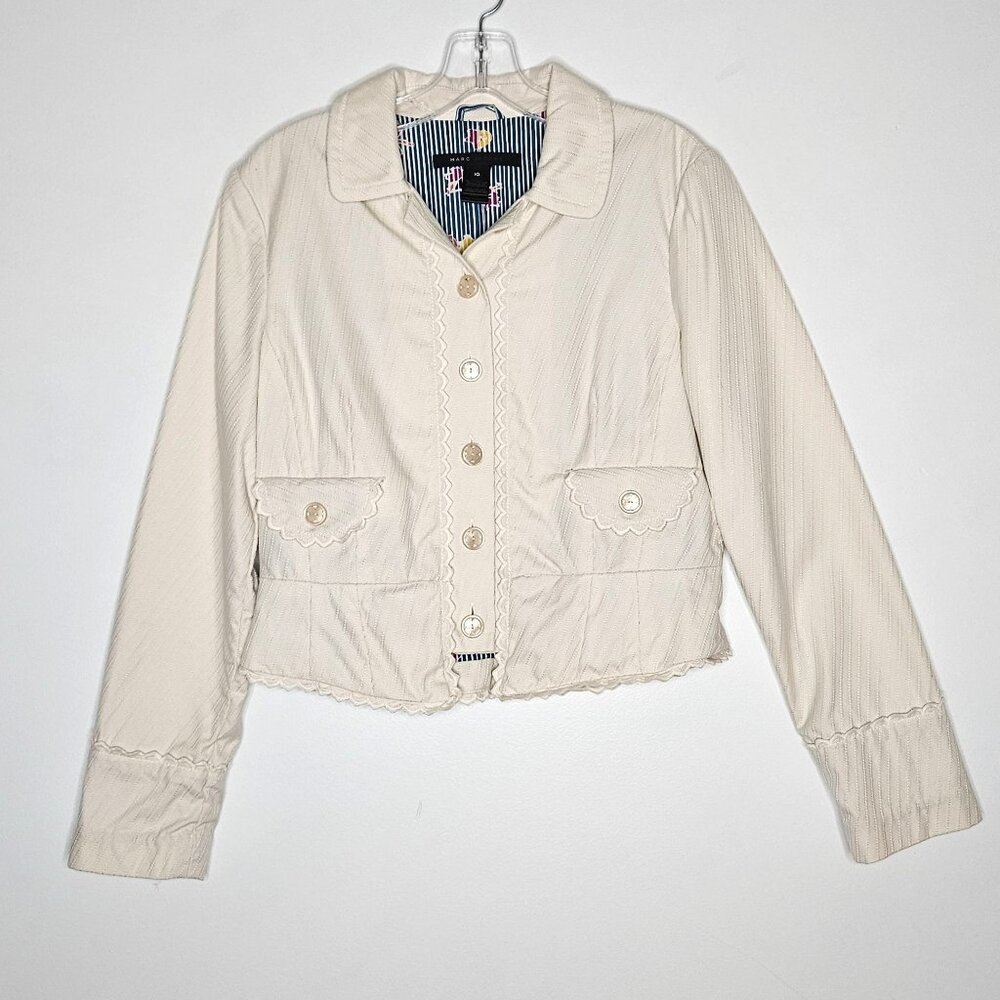 Marc Jacobs Blazer Womens 10 Cream Scalloped Trim Cropped Y2K